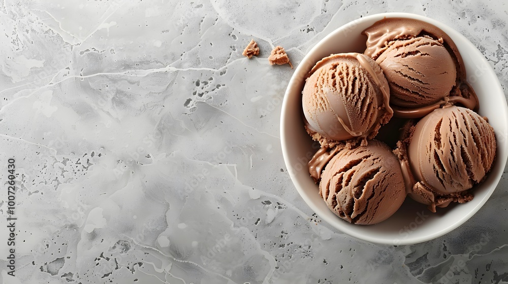 Chocolate ice cream scoops in a white bowl on a grey marble background. Flat lay with copy space for dessert, ice cream product marketing, or food design. Chocolate ice cream scoops in a white bowl on a grey marble background. Flat lay with copy space for dessert, ice cream product marketing, or food design.