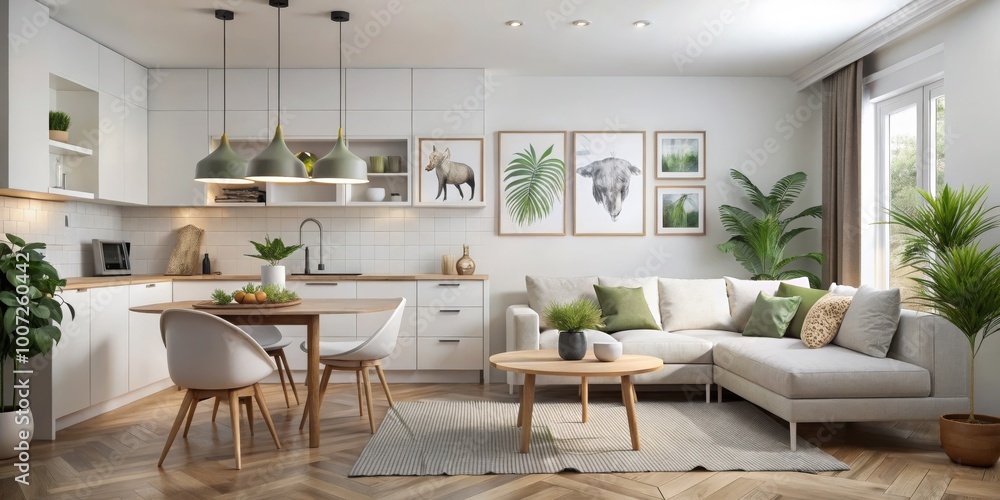 Fototapeta premium Modern Kitchen and Living Room with White Cabinets and Green Accents, 3D Rendering, Interior Design, Minimalist, Scandinavian, Home Decor