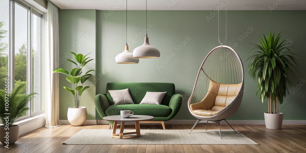 Fototapeta premium Modern Living Room Interior with Green Sofa, Hanging Chair, and Plants, interior design, living room decor, home design
