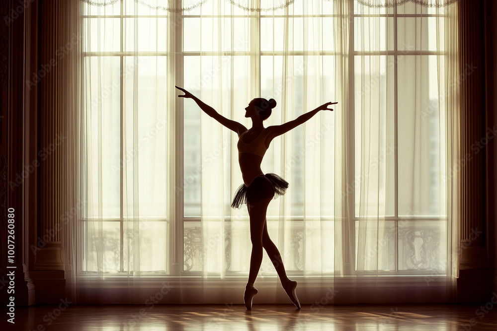 Silhouette of a ballerina standing on pointe with arms gracefully extended in front of a large window with soft light filtering through sheer curtains Silhouette of a ballerina standing on pointe with arms gracefully extended in front of a large window with soft light filtering through sheer curtains