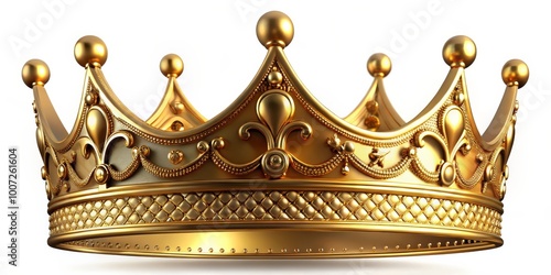 Ornate Golden Crown with Fleur-de-lis, 3D Rendered, White Background, Royalty, King, Power