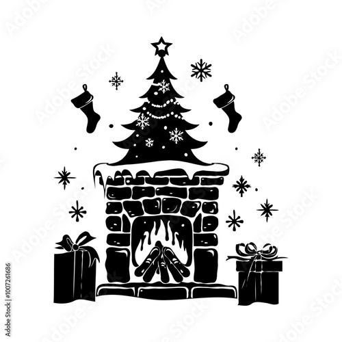 A silhouette of a Christmas scene with a fireplace and a tree. The fireplace is surrounded by presents and a star is on top of the tree. Vector illustration