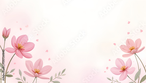 Pink flowers on soft background, gentle mood, floral design, pastel colors, copy space