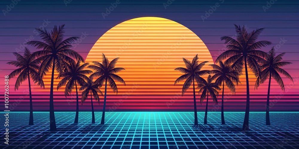 Fototapeta premium Retro Sunset Palm Trees with Grid Ground, 80s , synthwave , summer