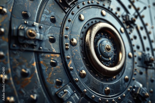 Close-up view of a metal door with visible rivets, suitable for industrial or mechanical contexts