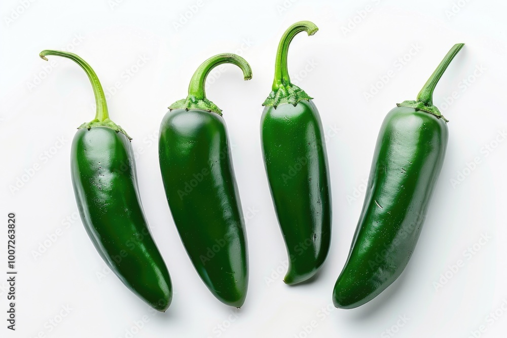 A collection of fresh green peppers arranged on a clean white surface A collection of fresh green peppers arranged on a clean white surface