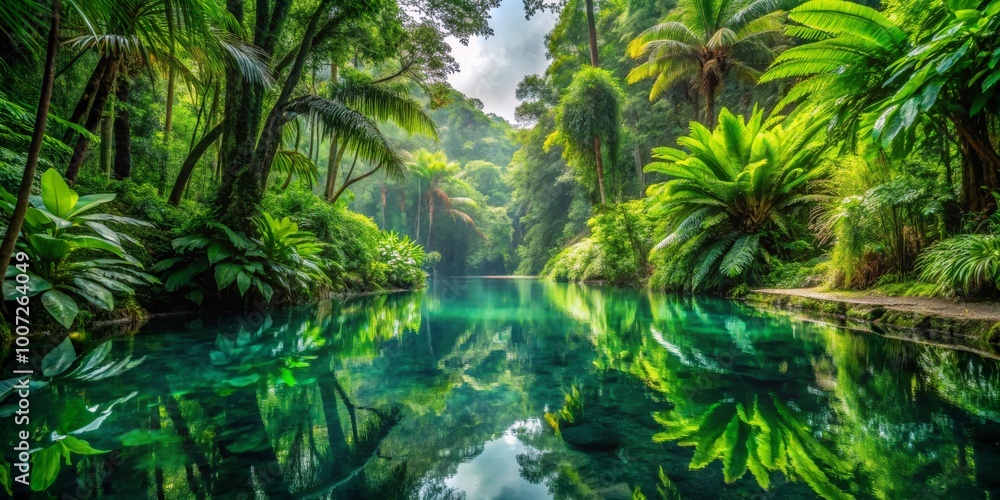 Fototapeta premium Tranquil Reflections in a Lush Rainforest Creek, Wide Shot, Tranquil Water, Dense Foliage, Tropical Paradise, nature, rainforest