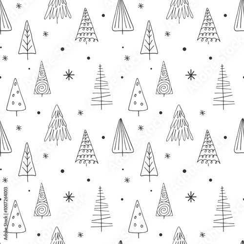 Winter landscape seamless pattern with abstract Pine Fir Spruce. Doodle outline illustration. Christmas snowing forest hand drawn Background. Black and white Pattern for packaging wallpaper textile