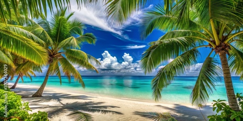 Fototapeta Naklejka Na Ścianę i Meble -  Through the Palm Trees, A Glimpse of Paradise, Coconut Beach, Tropical Island, Vacation ,beach, palm tree