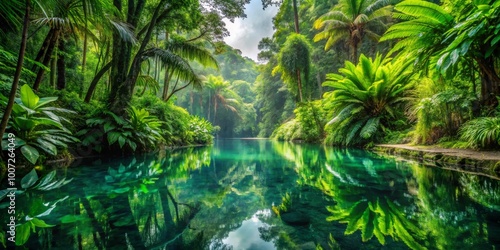 Tranquil Reflections in a Lush Rainforest Creek, Wide Shot, Tranquil Water, Dense Foliage, Tropical Paradise, nature, rainforest