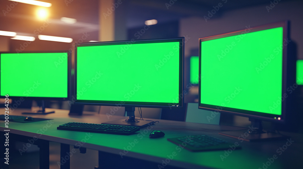 computer led monitors with green screen chroma key indoor modern office screens monitor mockup realistic location furniture loft work station environment atmosphere computer led monitors with green screen chroma key indoor modern office screens monitor mockup realistic location furniture loft work station environment atmosphere