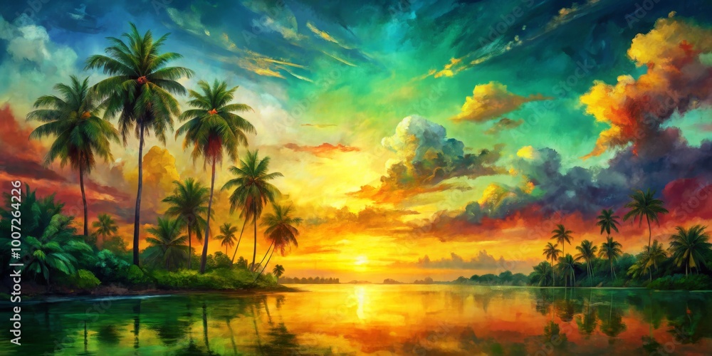 Tropical Sunset with Palm Trees and Colorful Clouds, digital painting, landscape, palm trees, sunset, water, sky