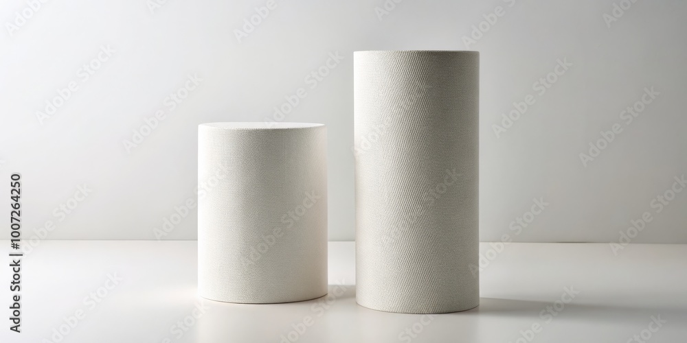 Two White Cylindrical Pedestals on a White Surface, Minimalist Design, Cylindrical Forms, White Pedestals, Minimalist Design, Modern Interior Two White Cylindrical Pedestals on a White Surface, Minimalist Design, Cylindrical Forms, White Pedestals, Minimalist Design, Modern Interior