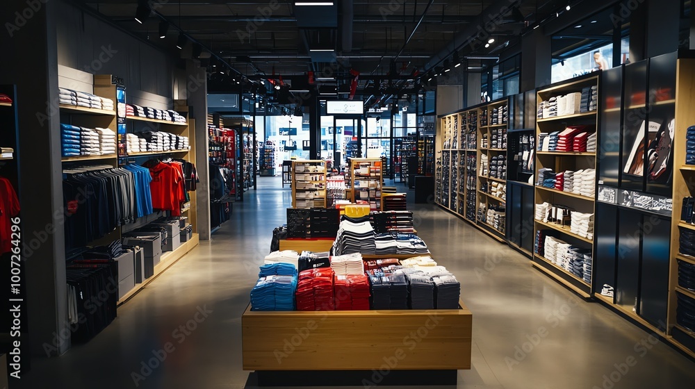 A well-lit clothing store with shelves full of folded and hanging clothes. The store is clean and modern, with a sleek design. A well-lit clothing store with shelves full of folded and hanging clothes. The store is clean and modern, with a sleek design.