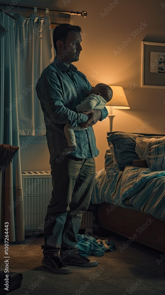 Fototapeta premium Father Holding Sleeping Baby in Bedroom at Night