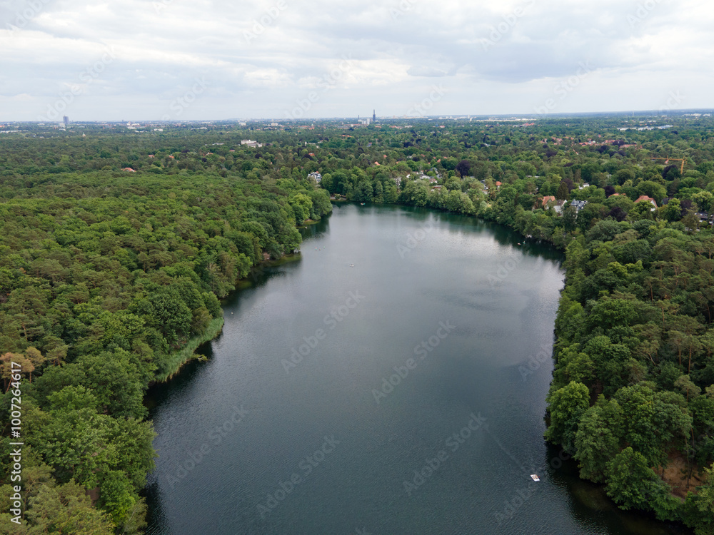 Aerial landscape of Krumme Lanke Lake during summer in Grunewald Forest in West Berlin Aerial landscape of Krumme Lanke Lake during summer in Grunewald Forest in West Berlin