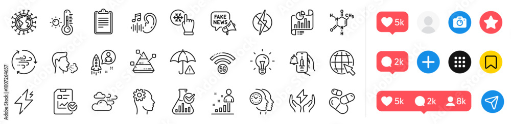 Fototapeta premium Power, Idea and Coronavirus line icons pack. Social media icons. Windy weather, Risk management, Antistatic web icon. Freezing click, Chemistry lab, Stats pictogram. Vector
