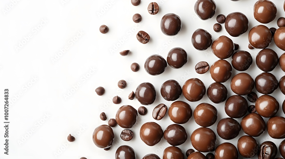Chocolate-covered coffee beans scattered on a white background. Flat lay with minimal style and copy space for confectionery product photography or snack marketing. Chocolate-covered coffee beans scattered on a white background. Flat lay with minimal style and copy space for confectionery product photography or snack marketing.