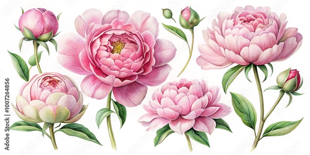 Fototapeta premium Watercolor Peony Flowers with Green Leaves and Buds, Botanical Art, Floral Design, Flower Illustration, Peony, Watercolor, Floral