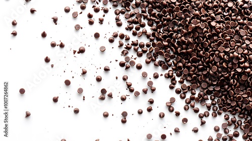 Pile of chocolate sprinkles and shavings scattered on a white background. Flat lay composition for dessert decoration, food design, or confectionery marketing.