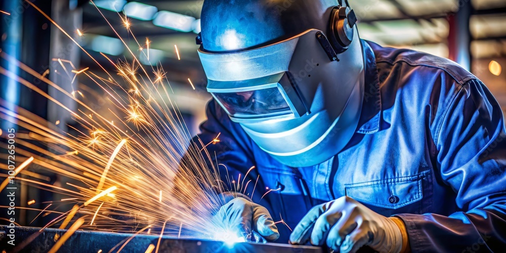 Welding Sparks Fly, Close Up, Welder in Protective Gear, Industrial, Metal, Construction, Safety Welding Sparks Fly, Close Up, Welder in Protective Gear, Industrial, Metal, Construction, Safety