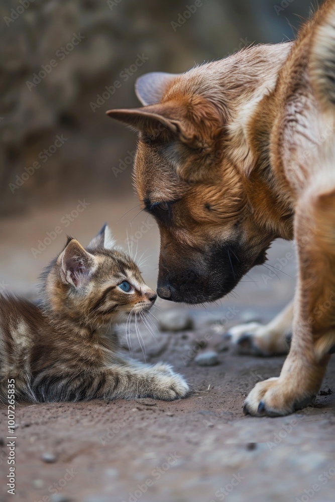 A dog and a cat playfully interact, showcasing their friendship A dog and a cat playfully interact, showcasing their friendship