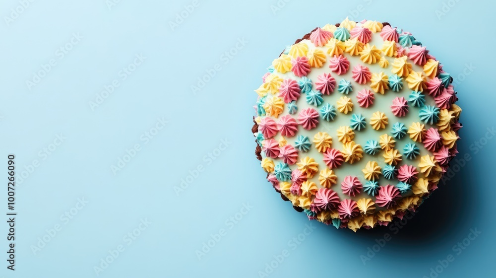 Colourful creamy birthday cake isolated on blue background, top view with copy space. Sweet dessert for dinner party Colourful creamy birthday cake isolated on blue background, top view with copy space. Sweet dessert for dinner party