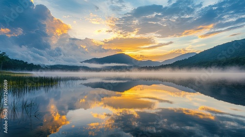 Wallpaper Mural Misty Lake with Mountain Silhouette and Cloudy Sunset Reflection Torontodigital.ca