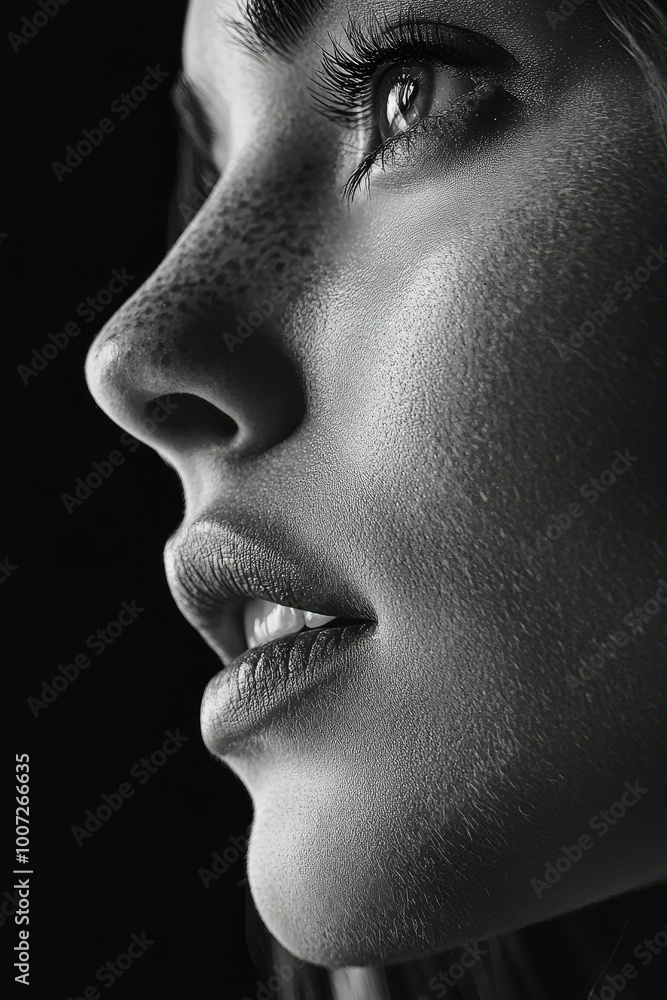 Close-up Black and White Portrait of a Woman's Face with Freckles Close-up Black and White Portrait of a Woman's Face with Freckles