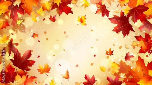 Immerse yourself in the spirit of fall with a branch adorned by a border of orange maple leaves, against a bokeh-filled backdrop.