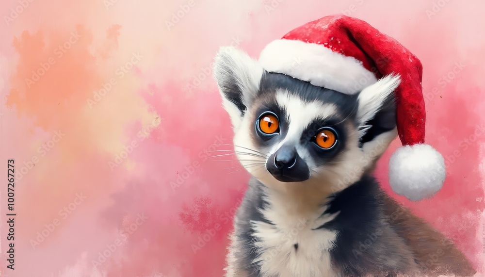 Photorealistic masterpiece lemur with Christmas cap on a right side of a rose color background looking in camera, only top of body, detailed Photorealistic masterpiece lemur with Christmas cap on a right side of a rose color background looking in camera, only top of body, detailed