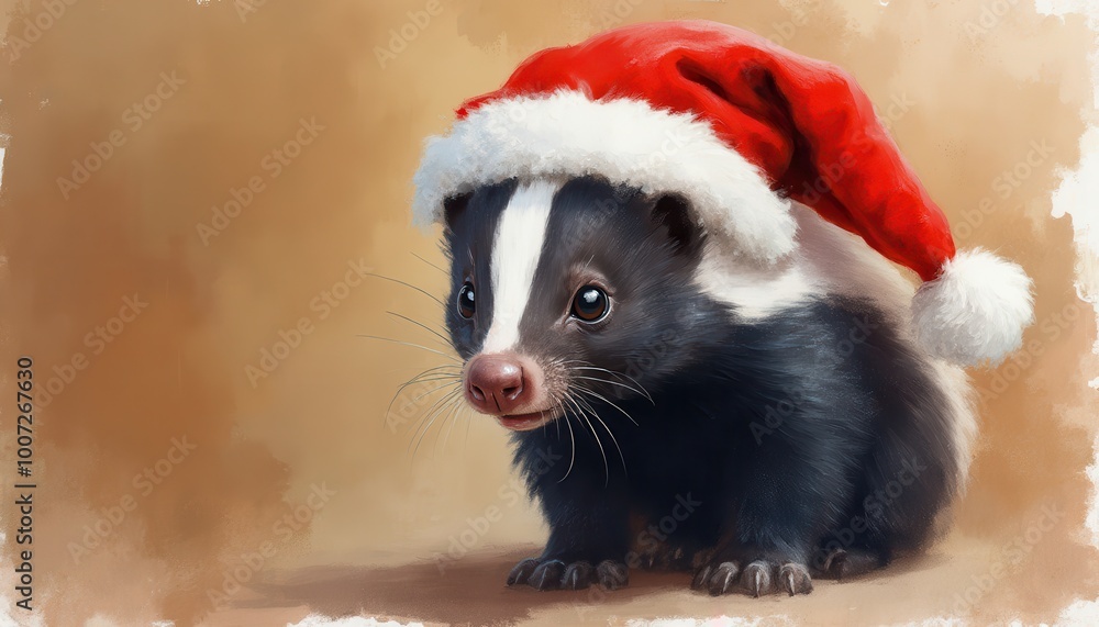 Photorealistic masterpiece skunk with Christmas cap on a right side of a bronze color background looking in camera, only top of body, detailed Photorealistic masterpiece skunk with Christmas cap on a right side of a bronze color background looking in camera, only top of body, detailed