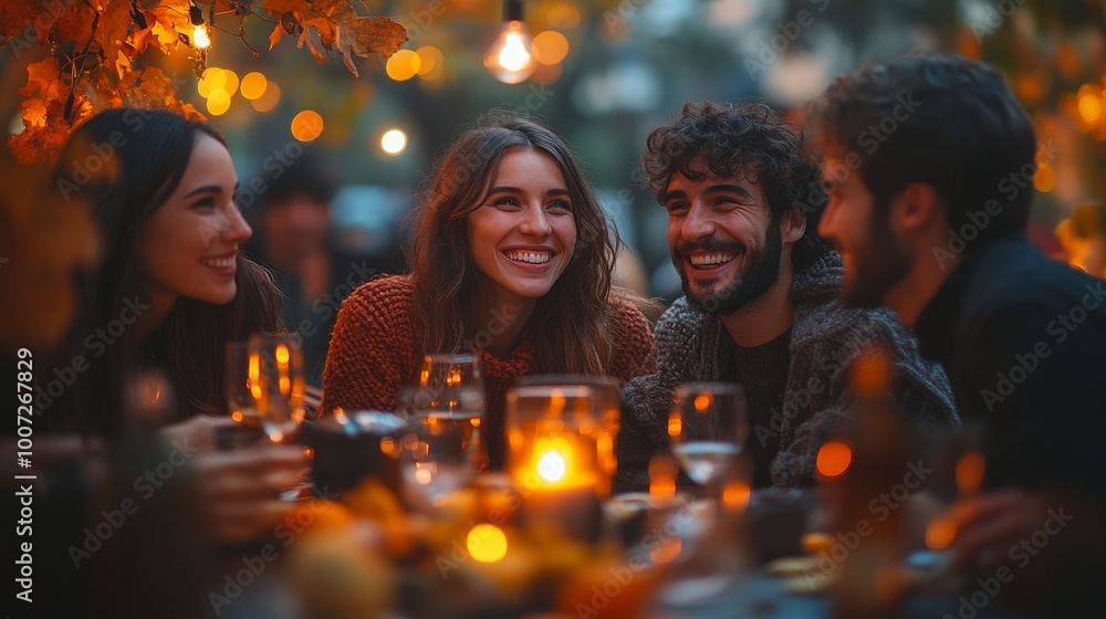 Friends enjoying an outdoor dinner party under twinkling lights in the fall season Friends enjoying an outdoor dinner party under twinkling lights in the fall season