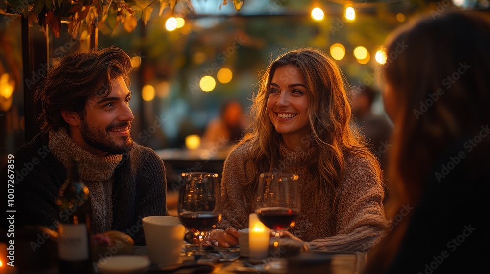 Friends enjoying a cozy rooftop dinner under string lights during a warm evening gathering Friends enjoying a cozy rooftop dinner under string lights during a warm evening gathering