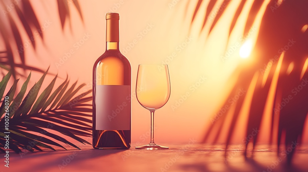 Wine bottle and glass with tropical shadows and vibrant orange sunset in the background Wine bottle and glass with tropical shadows and vibrant orange sunset in the background