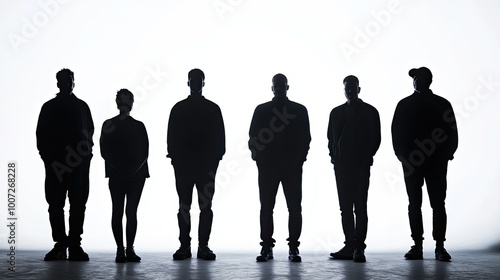 Six Silhouettes Standing in a Row Against a White Background