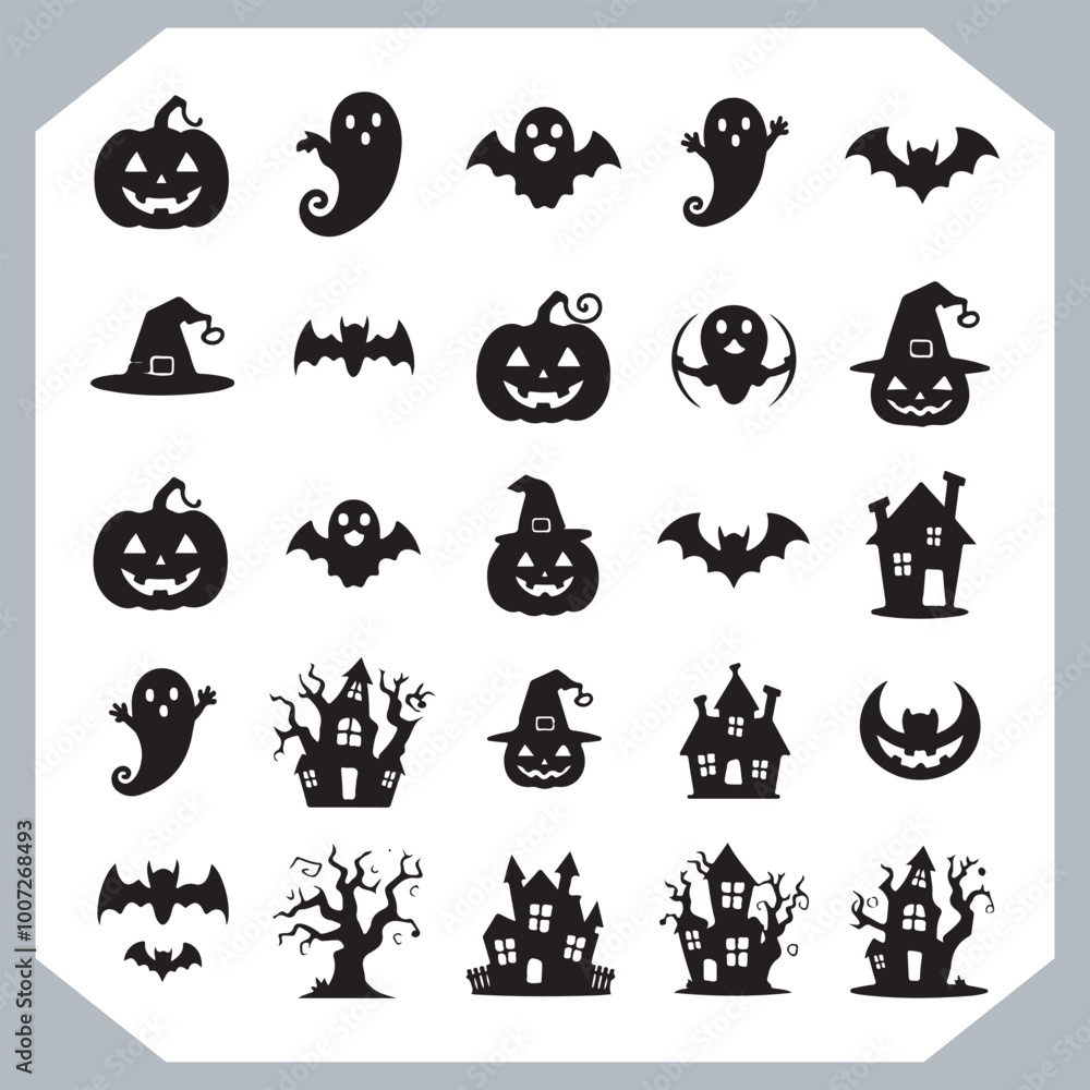 Obraz premium Set of logotype different type of black simple Halloween vector illustration silhouettes in white background, collection of Halloween silhouettes