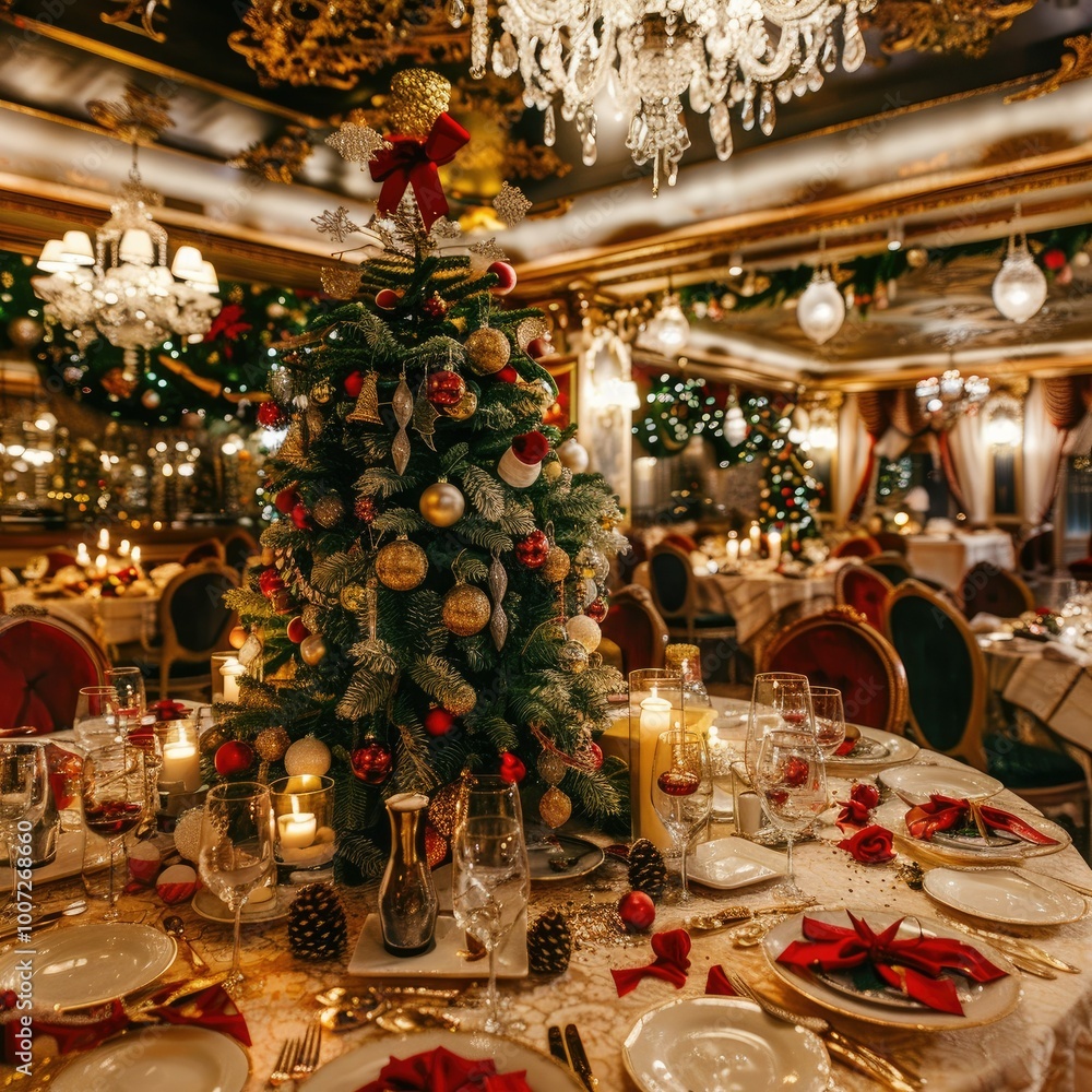 Festive Christmas Tree Centerpiece on a Table Set for a Grand Dinner Festive Christmas Tree Centerpiece on a Table Set for a Grand Dinner