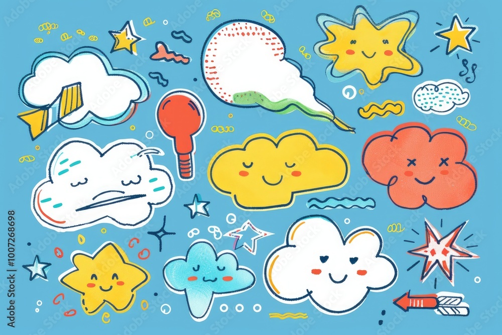 A collection of whimsical cartoon clouds and stars set against a bright blue background, ideal for use in illustrations, graphics, or designs A collection of whimsical cartoon clouds and stars set against a bright blue background, ideal for use in illustrations, graphics, or designs