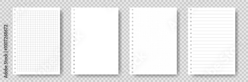 Set of Paper sheets from notebook. School copybook page with lines grid dots. Realistic White sheet for notes. Notepad for education. Blank notepaper with shadow isolated. Element for design