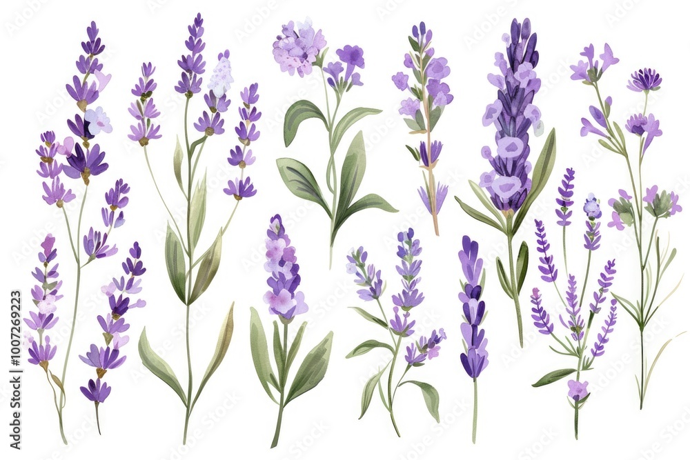 Obraz premium A close-up shot of a bunch of lavender flowers on a white background, suitable for use in designs related to relaxation and calmness
