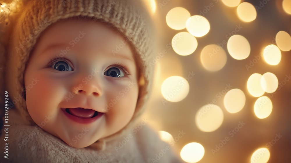 Happy baby smiling against a warm, golden bokeh background, creating a soft and joyful atmosphere. Happy baby smiling against a warm, golden bokeh background, creating a soft and joyful atmosphere.