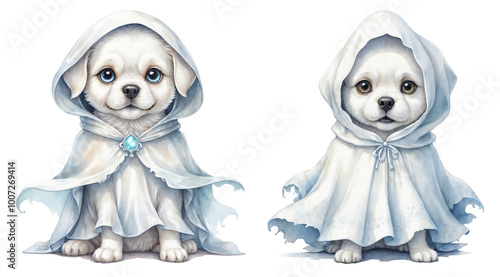 Realistic Digital Painting of a Cute White Puppy with Ghost Sheets on a Transparent Background