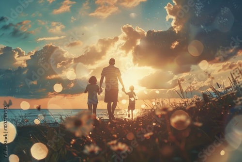 A father-son moment captured on a beautiful beach during sunset, suitable for family or travel themes