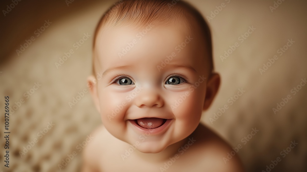 Happy baby smiling against a warm, golden bokeh background, creating a soft and joyful atmosphere. Happy baby smiling against a warm, golden bokeh background, creating a soft and joyful atmosphere.