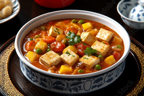 3D-rendered vegetarian curry, with tofu and vegetables in a rich, flavorful sauce, fully animated to bring the dish to life in a vibrant digital setting.