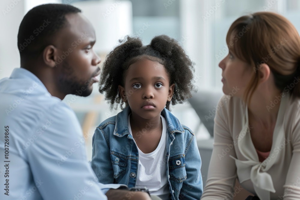 A loving couple sitting together with a young child, perfect for family-related content A loving couple sitting together with a young child, perfect for family-related content