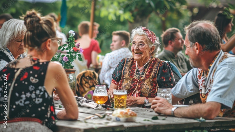 an elderly woman in a dirndl enjoying a beer with her adult children and their family dog at a festive backyard party at an Oktoberfest celebration an elderly woman in a dirndl enjoying a beer with her adult children and their family dog at a festive backyard party at an Oktoberfest celebration