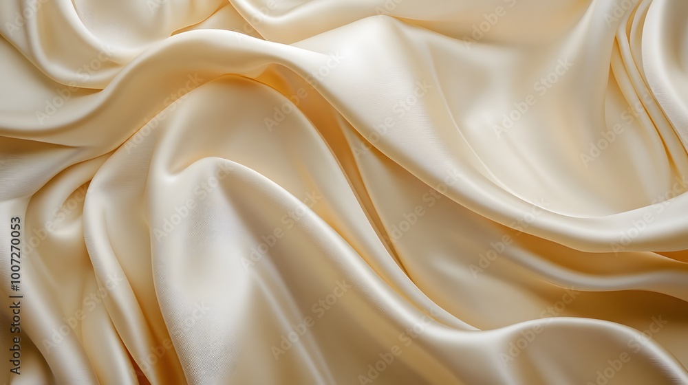 A close-up of the folds in cream-colored silk fabric, creating an elegant and luxurious background A close-up of the folds in cream-colored silk fabric, creating an elegant and luxurious background