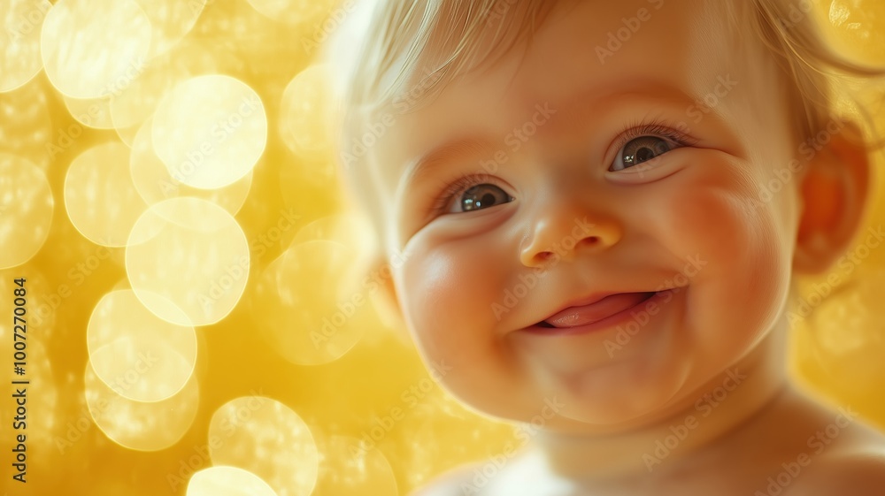 Happy baby smiling against a warm, golden bokeh background, creating a soft and joyful atmosphere. Happy baby smiling against a warm, golden bokeh background, creating a soft and joyful atmosphere.